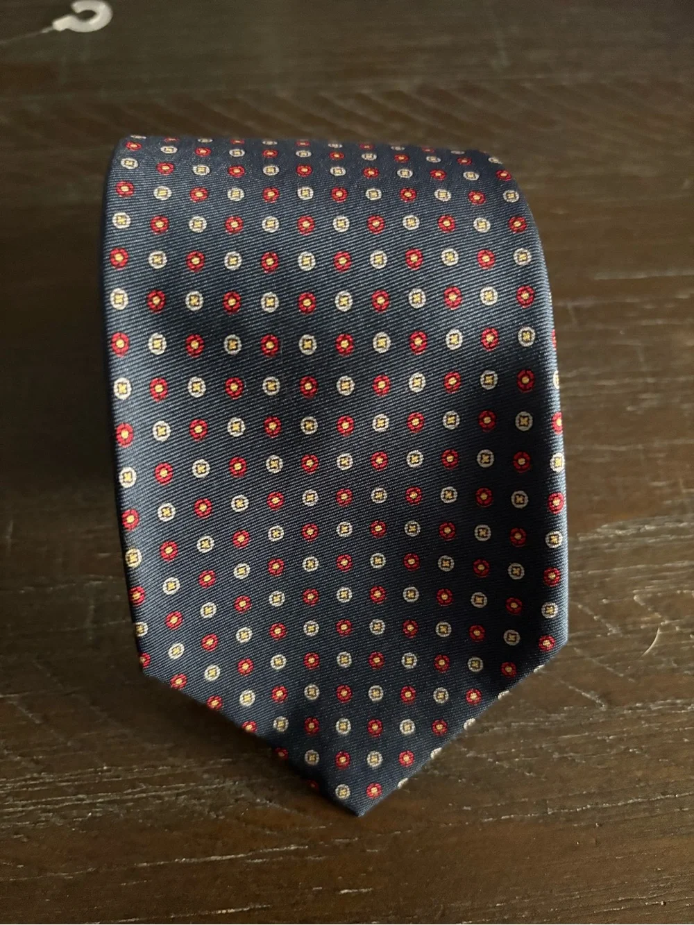 Brooks Brothers Makers Silk Tie Navy Medallion Dot Red Cream Print Italy 58